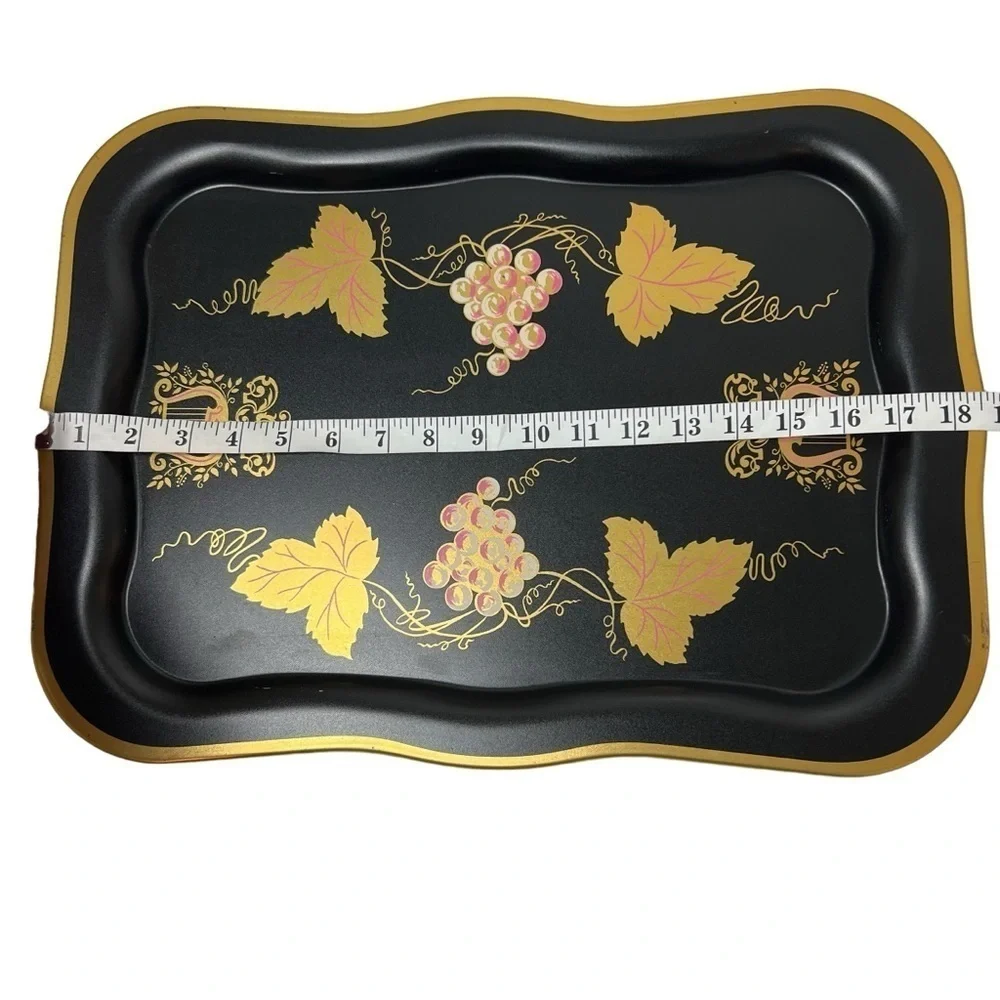 Vintage Trays set of 4 Large Black Floral Tole Metal Hand Painted Toleware Trays
